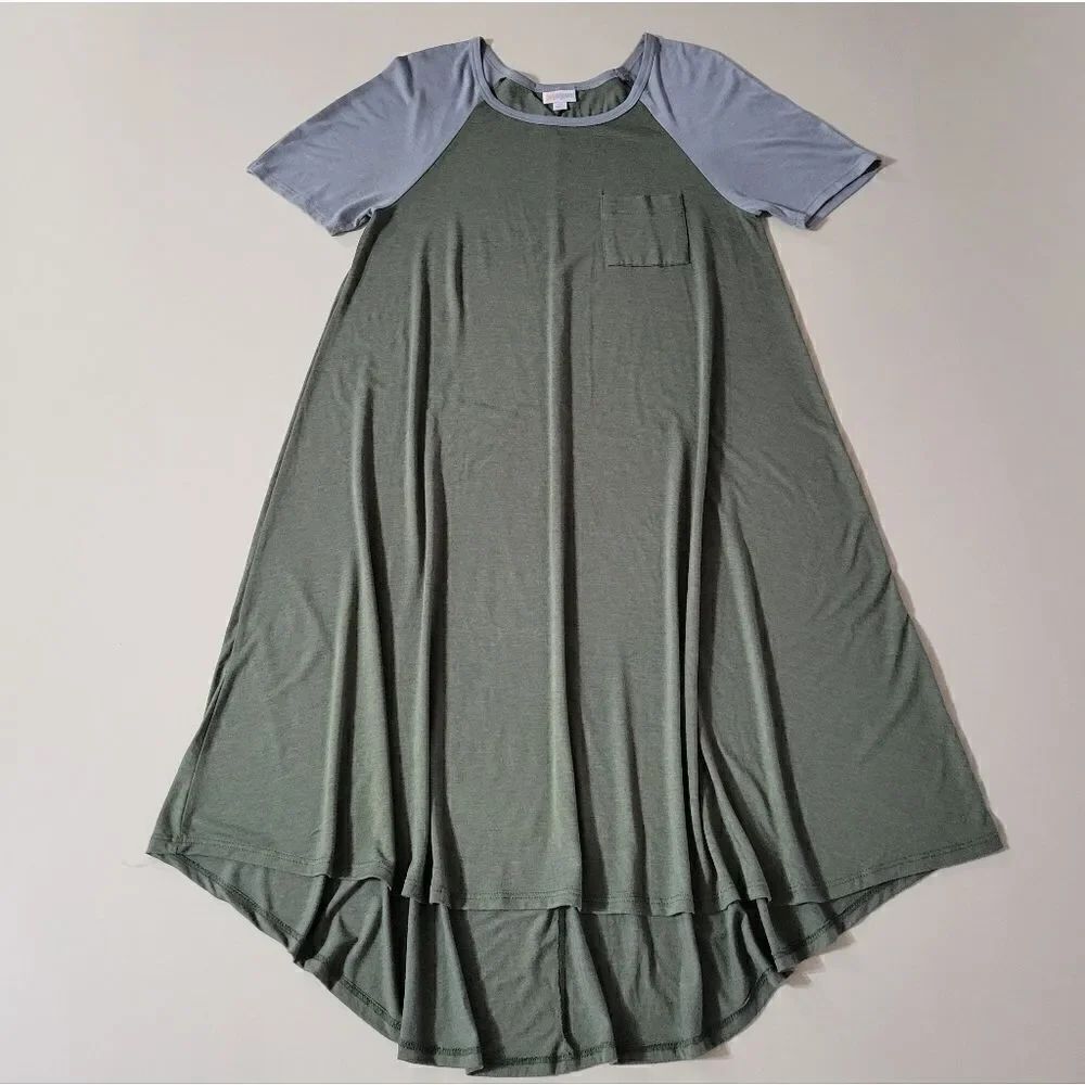 LuLaRoe Carly Green Swing Dress Scoop-neck Short Sleeve Hi-Low Hemline